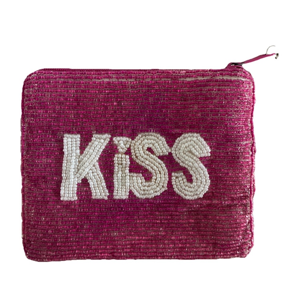Kiss‎ Beaded Coin Purse Pink White 5x4" *flaw